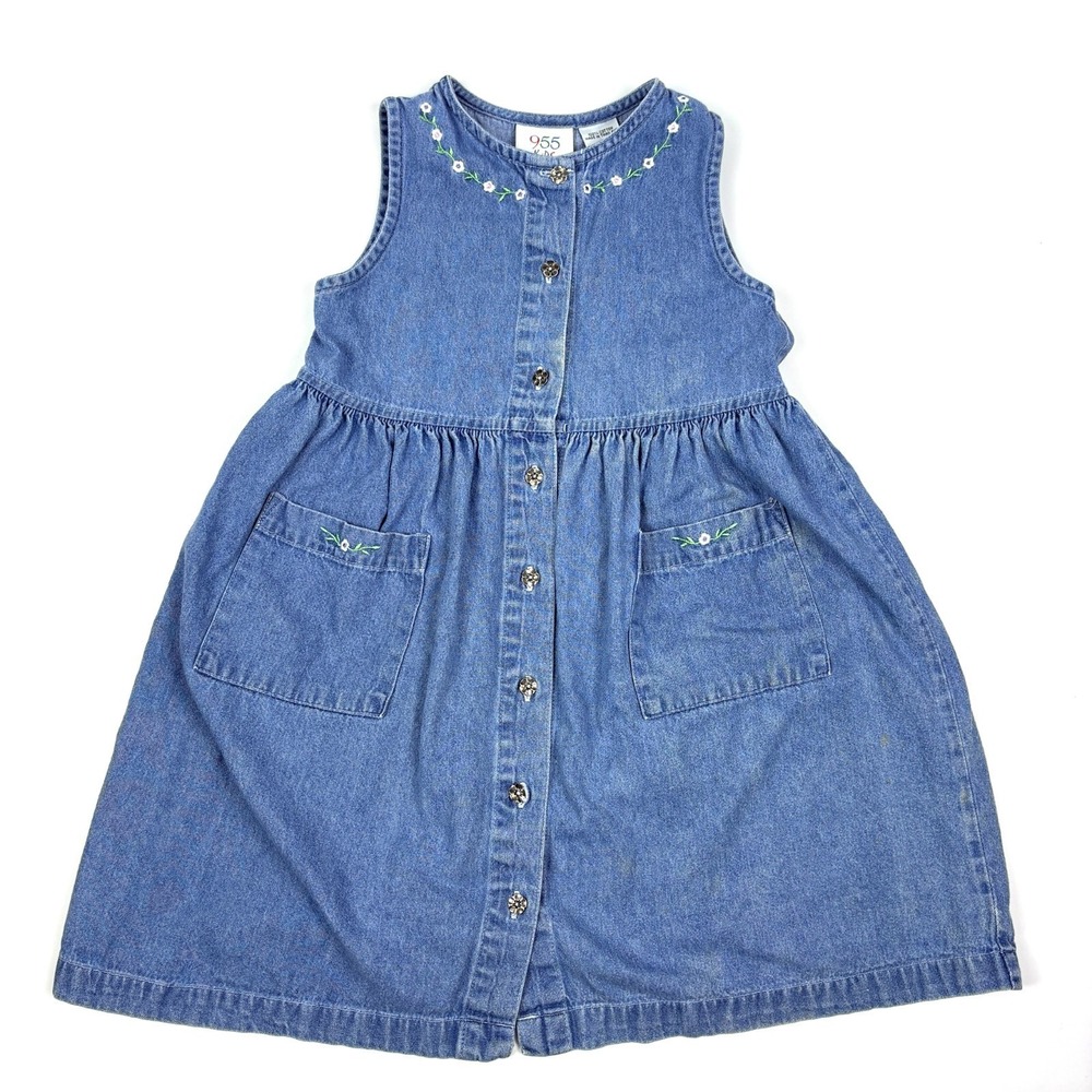 VTG 90s 955 Kids Denim Jumper Dress Girls Sz 5 Blue Floral Metal Button Embroidr